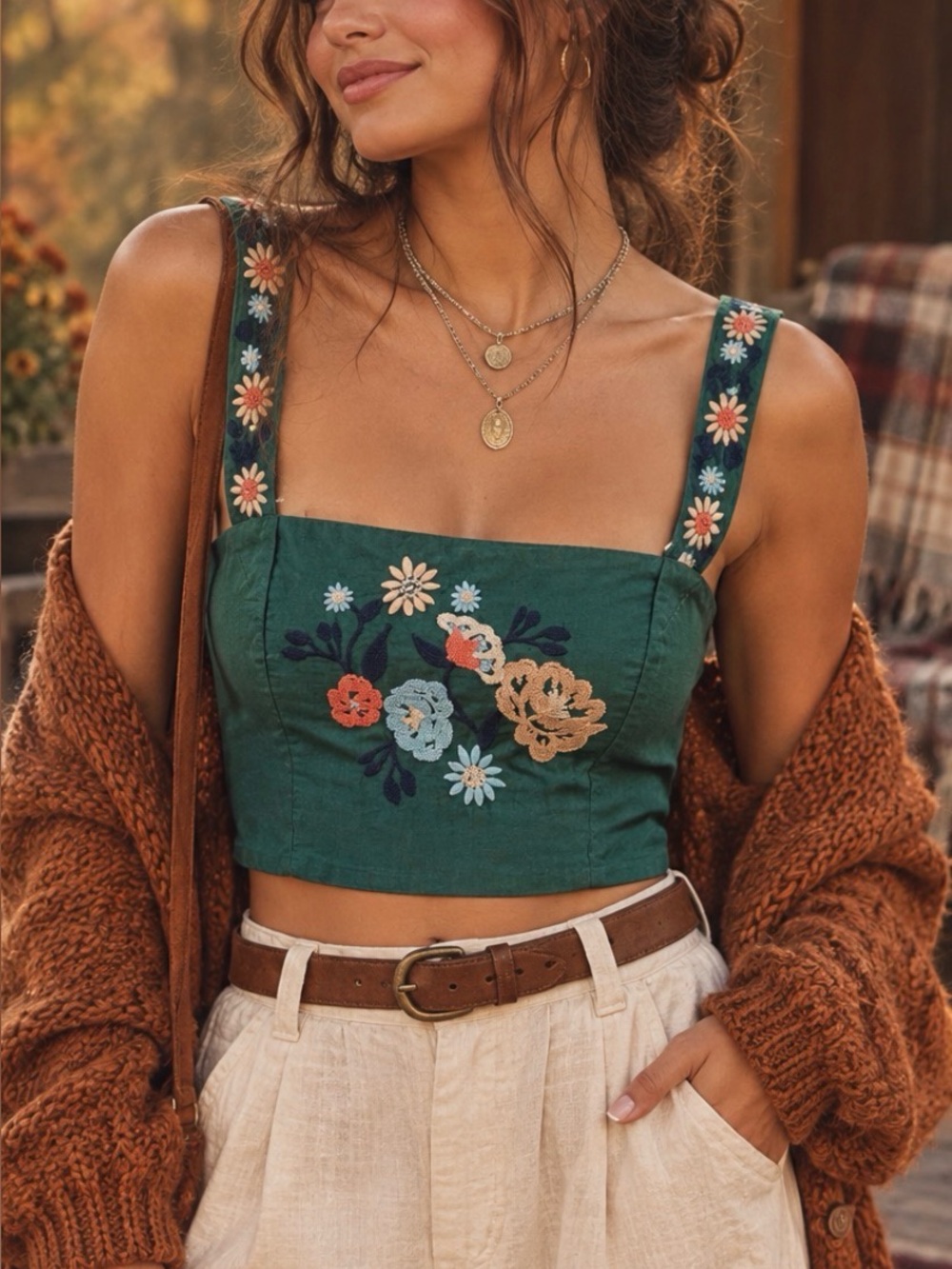 MARBLE Boho Embroidered Green Corset Top — Fall/Winter Layering Piece